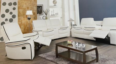 White leather fully reclining three piece couch set comes in manual or power