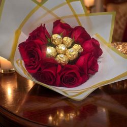 Fresh Red Roses And Chocolate Bouquet