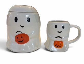 Whimsical white Ghost ceramic Cookie  canister and matching mug