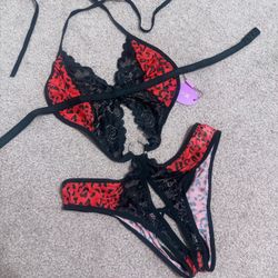 New medium red black sheer mesh bodysuit lingerie animal print stretchy top