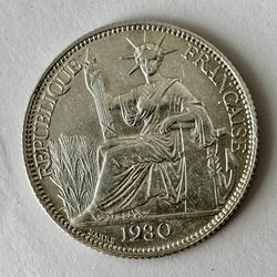 1930 French Indo China 20 Cent Silver Coin AU