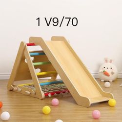 Toddler Indoor Gym Playset, 2 in 1 Wooden Climbing Toys, 3-Sided Wooden Triangle Climber with Climbing Net,Sliding Ramp, Sandbags & Board for Kids Boy