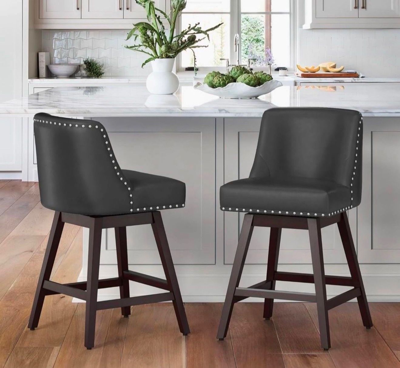 26 Inch Bar Stools Set of 2, Black Swivel Counter Stools