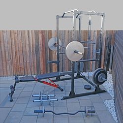 Heavy Rack, Bench, Bars, and Weights (7ft H 4.5ft W 4ft D)