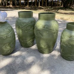Large Ceramic Bamboo Colored Etched Vases