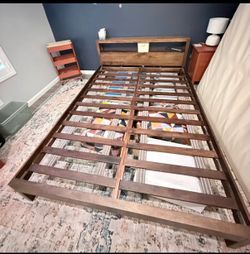 Crate & Barrel Mango hardwood  Bed Frame with Bookcase Headboard