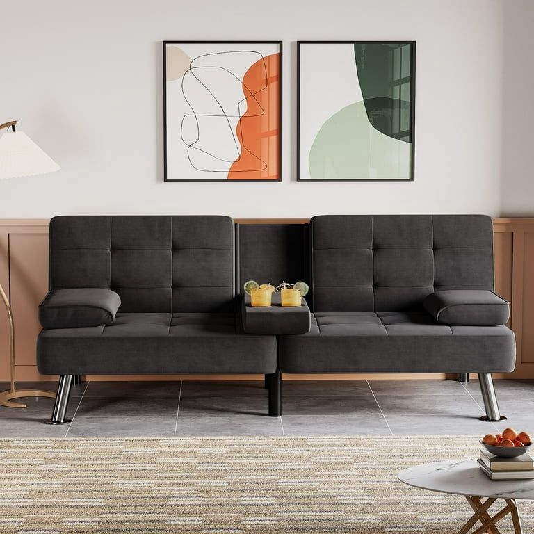 New 65'' Upholstered Tufted Convertible Sofa Linen Futon Metal Legs Convertible and Removable Armrests with Cup Holders, Black  New in box FS203F00C T