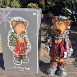 19" Fiber Optic Christmas Bear Resin Holiday Figurine with Tree and Scarf