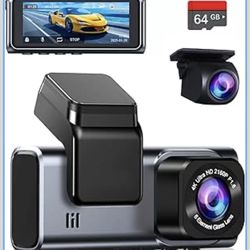 4K + 1080P Dual Dash Cam Front and Rear – 3" IPS Screen, G-Sensor, 24/7 Parking Mode, Loop Recording, Includes 64GB Card