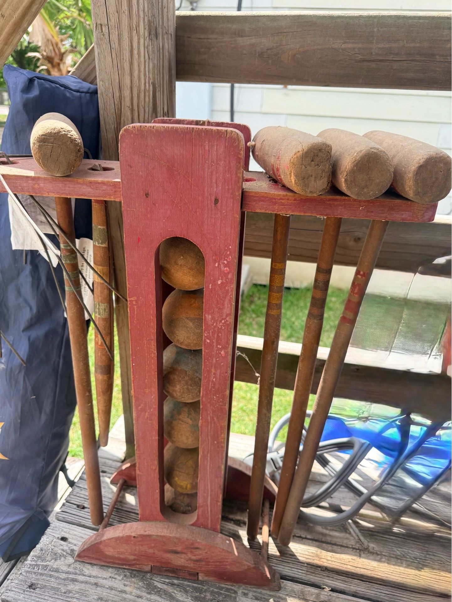 Vintage WOODEN CROQUET SET w/ Original Stand, 1940s Garden Sports Décor