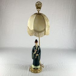 Vintage Ceramic Asian Figural Lamp With Shade & Finial Works