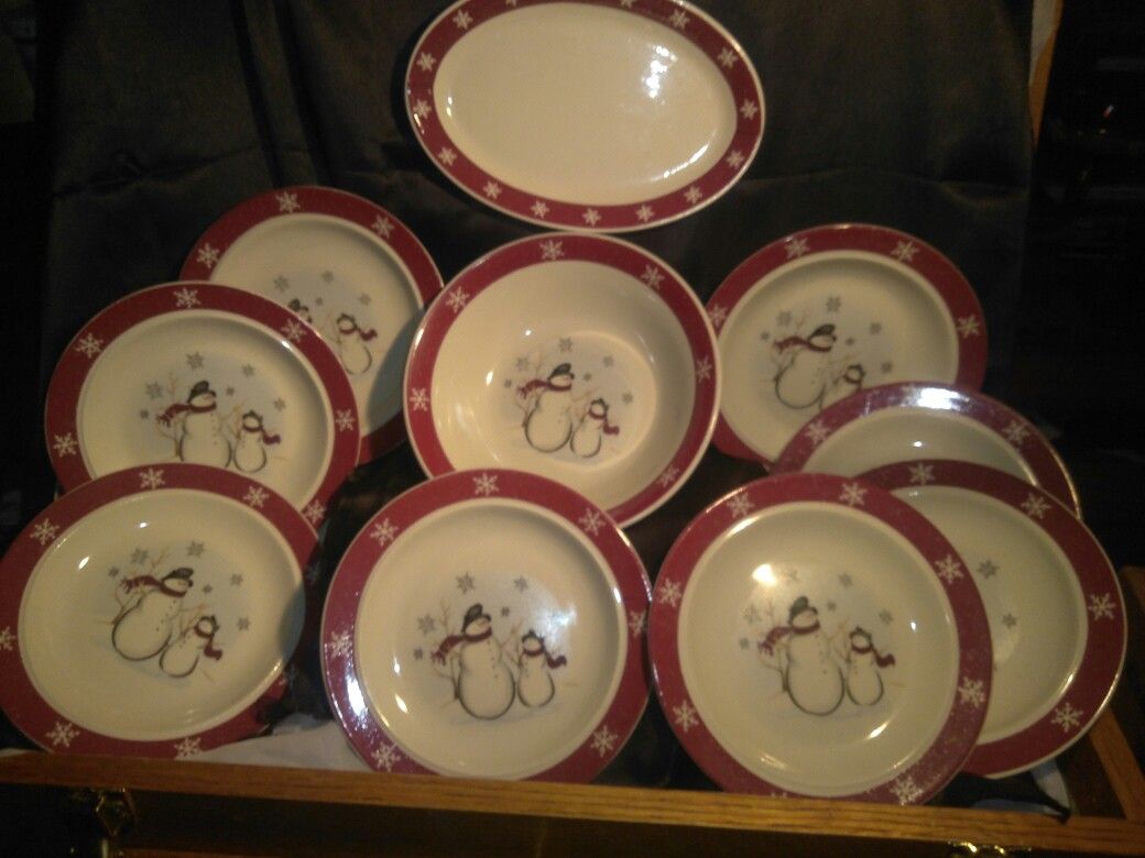 ROYAL SEASONS STONEWARE DINNERWARE SNOWMEN 14 piece Set