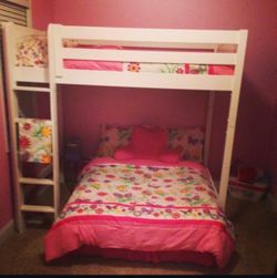 White Wood Full Over Full Bunk Bed Frame — Disassembled, All Parts & Slats Included