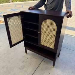 New In Box 29x14x38 Inch Tall Entryway Rattan Buffet Sideboard Cabinet Cupboard Shelf Dark Cherry Reddish Brown Microwave Stand 