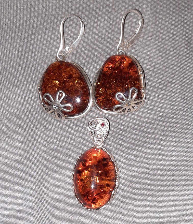 Sterling Silver Amber Earrings And Necklace Set