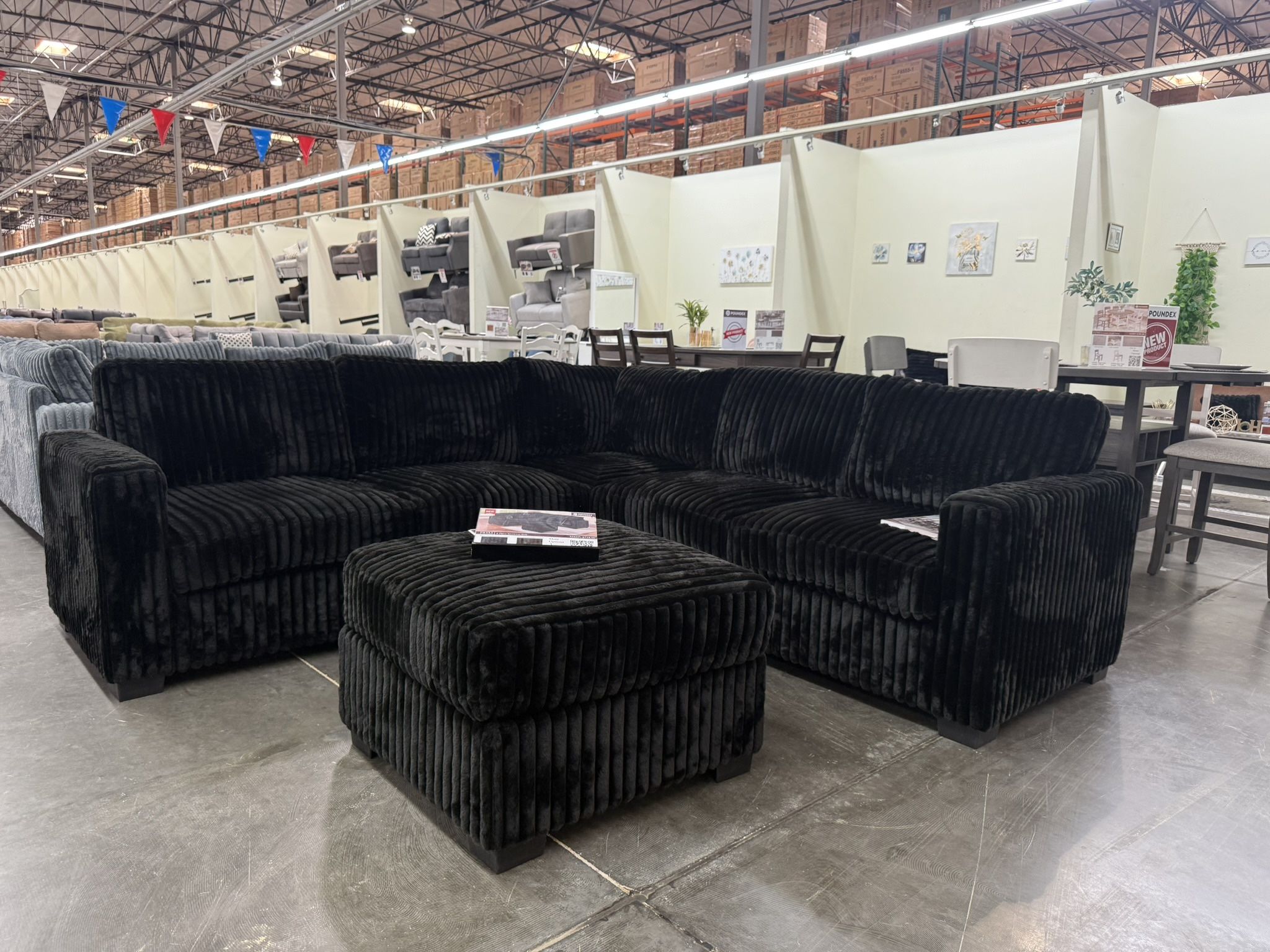 BLACK JUMBO CORDUROY SECTIONAL SOFA COUCH WITH OTTOMAN (NEW IN BOXES)