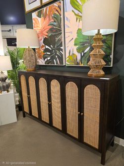 SIX-DOOR TRANSITIONAL CABINET: WOOD & WICKER