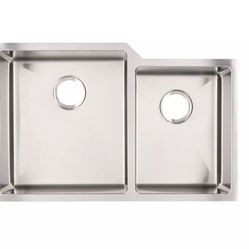 SIGNATURE HARDWARE Ortega 31-1/2 x 20 in. No-Hole Double Bowl Undermount Kitchen Sink in Stainless Steel with Nickel and Left Hand Drain