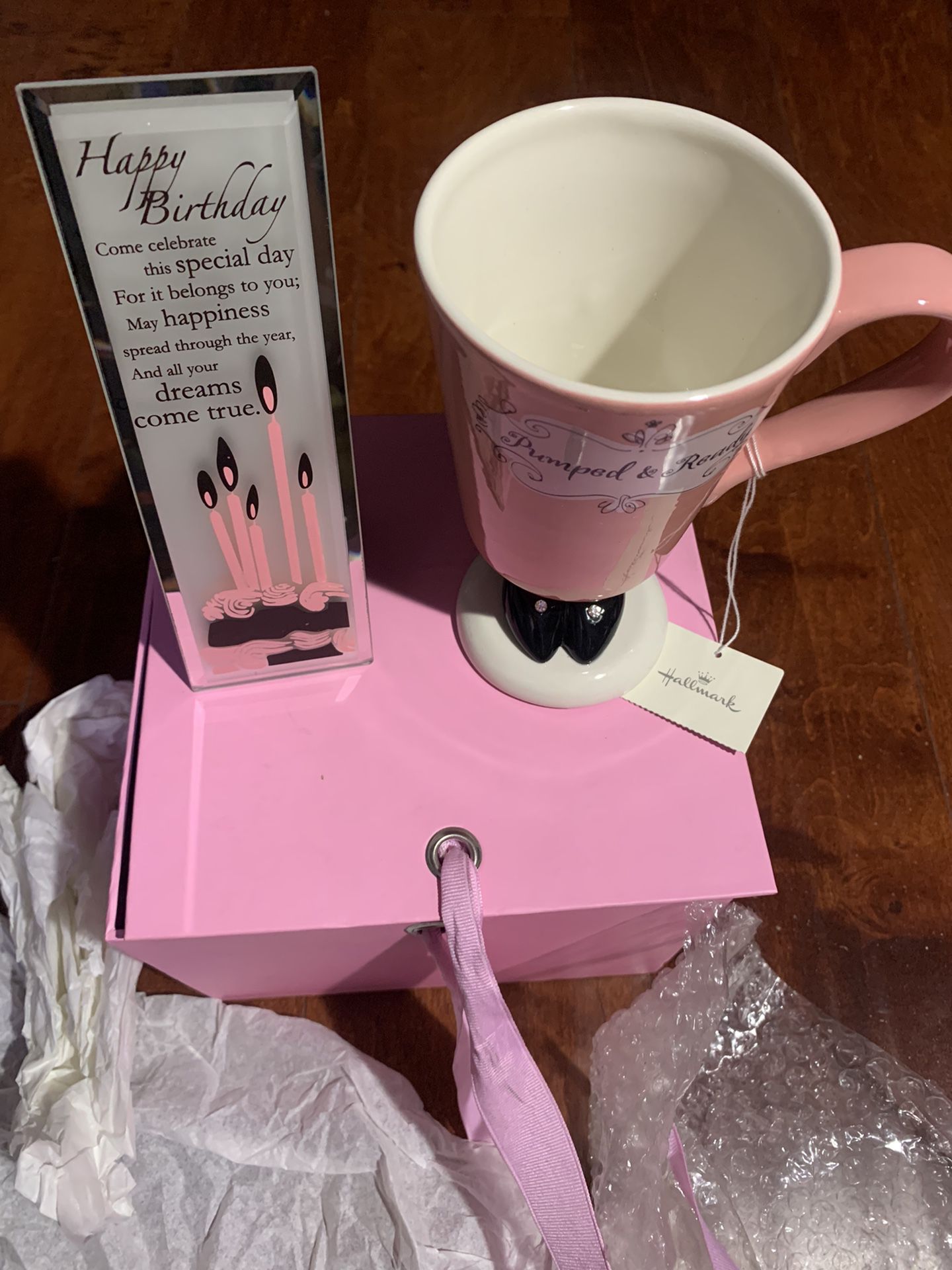 Pumped Ready Hallmark Shoe Mug 12 Oz+ Birthday  Pink Candle Glass Plaque