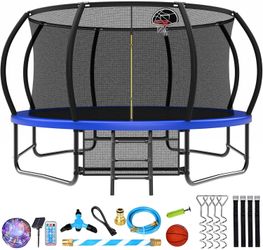 Upgraded 14FT Trampoline Outdoor for Kids and Adults, Outdoor Trampolines with Curved Poles, Pumpkin Trampolin with Basketball Hoop, Sprinkler, Stakes
