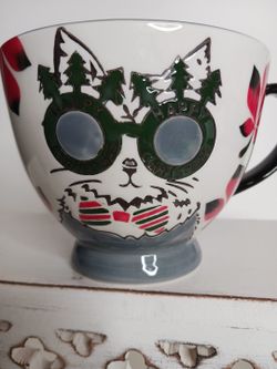 Retro Cat Coffee Mug Cup Ceramic Hand-painted Holiday Christmas Fun Goggle Glass