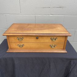 Vintage Hardwood Flatware Chest with Brass Handles & Lining