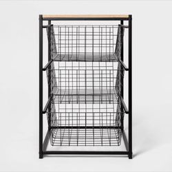 2 Set Of 3 Drawer Organizers Black Metal With Natural Wood