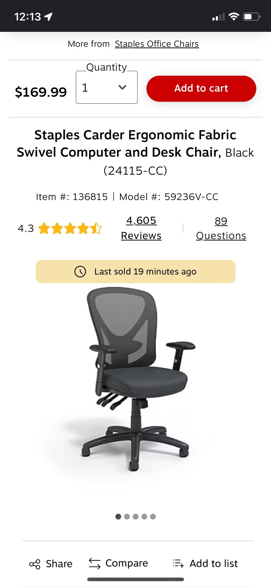 Staples Carder 59236 Black Ergo Desk chair for Sale in Visalia CA