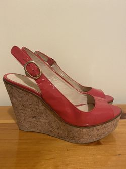 L.K. Bennette Bright Orange/ Red open toes cork wedges- size 8