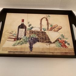 Wooden Tile Tray With Artwork Wine Theme