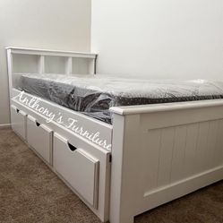 White Twin Bed With Storage And Mattress 