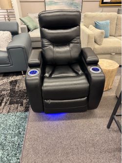 Black Leather Power Theater Recliner with LED Lighting