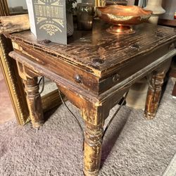 Distressed End Table With Metal Accents 