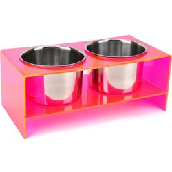 Large Raised Dog Food Bowl with Stand and Big Double Stainless Bowls (Neon Pink)