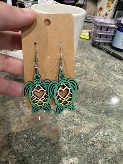 Painted Turtle Handmade Wood Earrings 
