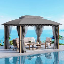 10x13' Outdoor Patio Gazebo Wood Look, Canopy Tent with Heavy-Duty Metal Frame, Screened Gazebo with Dual Roof & Curtains, Patio Canopy with Mosquito 