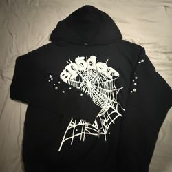 sp5der Black Fleece Graphic Print Hooded Pullover Hoodie Men's Regular