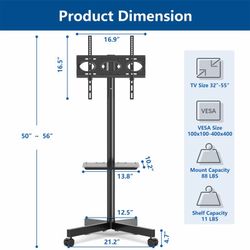 Mobile TV Cart for 32 to 65 Inch TVs, Rolling TV Stand with Wheels and AV Shelf, Height Adjustable Floor TV Mount Stand with Stable Base, Max VESA 400