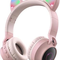 Wireless Bluetooth Kids Headphones, Aresrora Kitty Bluetooth Over Ear Headphones Volume Limiting,LED Lights, FM Radio, TF Card, Aux, Mic for iPhone