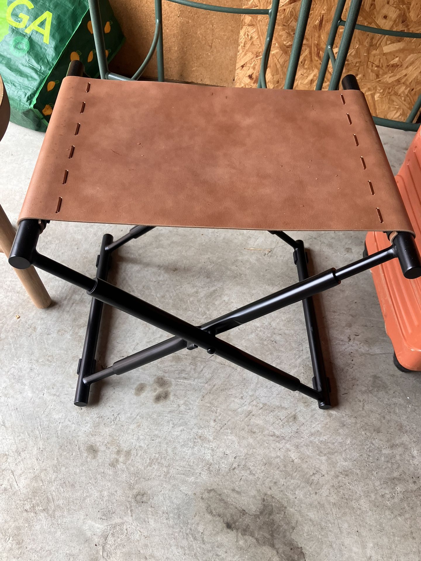 Folding Leather Sling Ottoman With Metal Base