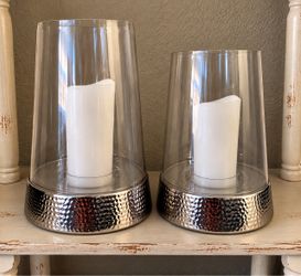 Set of 2 Large Glass Hurricane Candle Holders – Silver