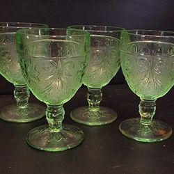 Vintage Indiana Tiara Sandwich Glass Chantilly Green Tall Footed Water Goblets (Set of 4) 