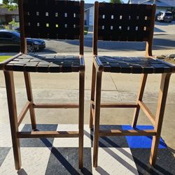 2 NEW BAR STOOLS OR KITCHEN STOOLS HAND MADE WITH LEATHER STRAPPING MINT