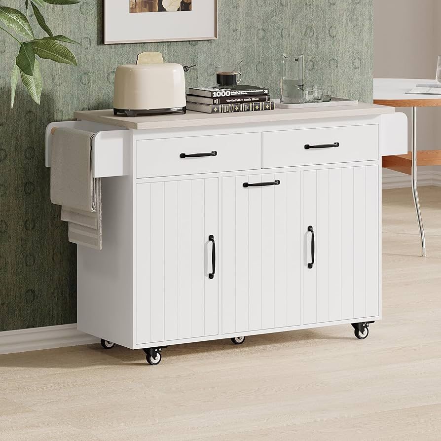 Kitchen Island with Trash Can Storage Cabinet, Rolling Kitchen Cart on Wheels with Drop Leaf, Spice Rack, Towel Rack and Adjustable Shelf for Dining R