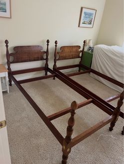 Pair of maple Mid Century semi post beds