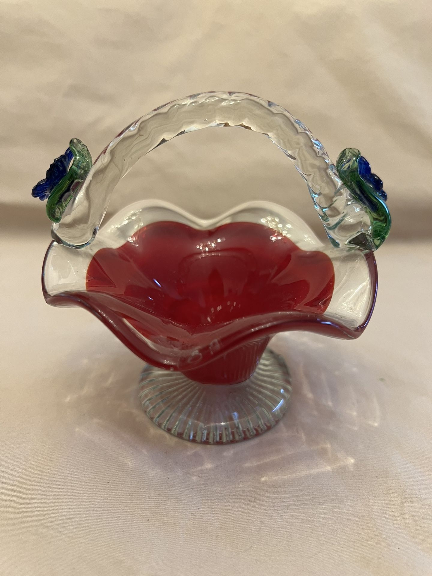 Vintage Hand Blown Art Glass Red/Clear Basket With Flowers and Leafs