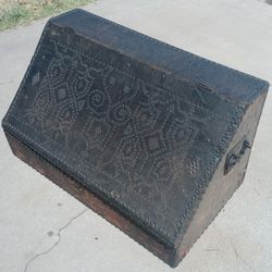 19th Century Leather Antique Slant Front Studded Trunk