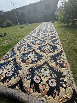 European Antique Silk Metallic Brocade Fabric Roll Floral Motif Filigree Blue And Gold 14 Yard
