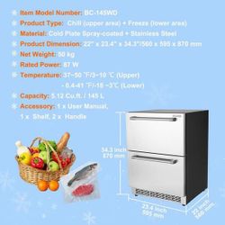 24 in. Undercounter 5.12 cu.ft. Built-in Refrigerator Double Drawer Beverage Fridge w/ 32°F-99°F Range for Home, Silver