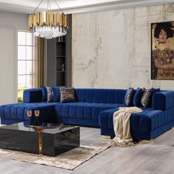 Ariana Blue Velvet Double Chaise Sectional ( sectional couch sofa loveseat options